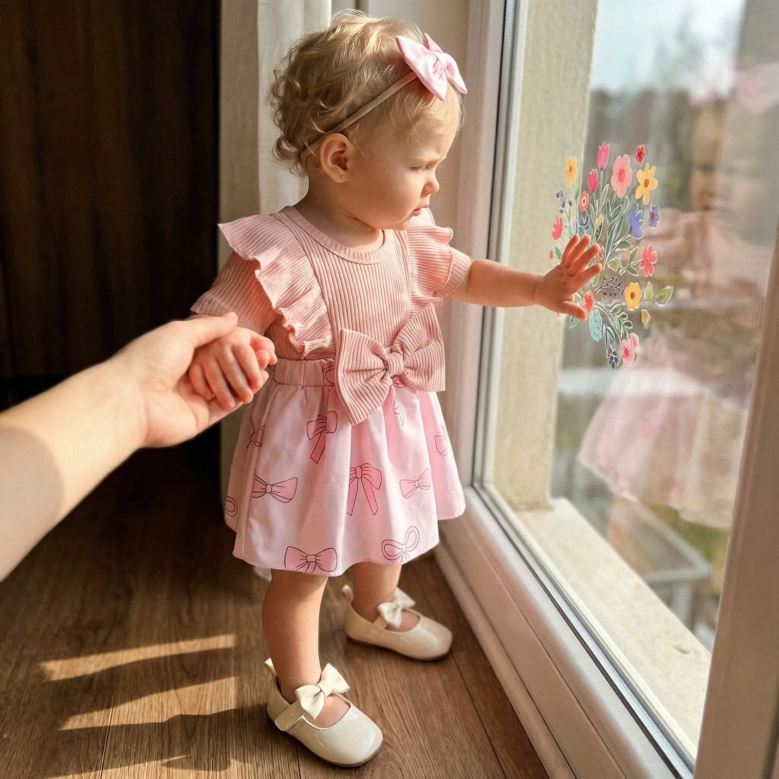 Cute Baby Girls Summer Rompers Dress Short Sleeve Watermelon/Sunflower/Bow Print Patchwork Jumpsuits with Bow Headband