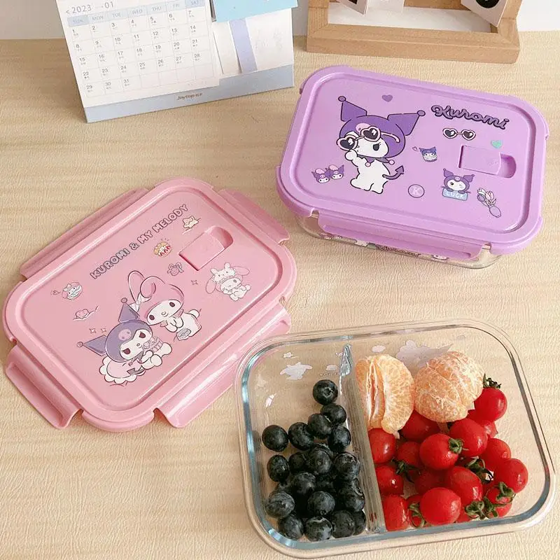 610Ml Sanrio Kawaii Hello Kitty Bento Box Kuromi My Melody Cinnamoroll Pochacco Large Capacity Student Cartoon Glass Lunch Box