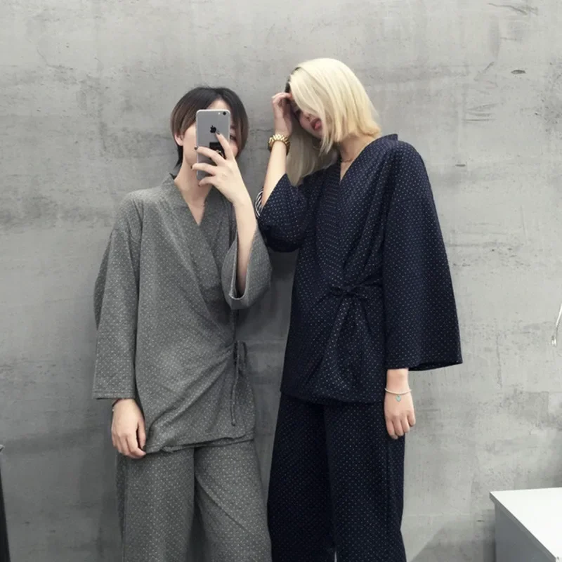 

2025 японские пижамы в стиле кимоно, домашняя одежда с длинными рукавами, домашняя одежда для сауны, горячая весна, мягкий удобный пижамный комплект для пар, одежда для сна унисекс