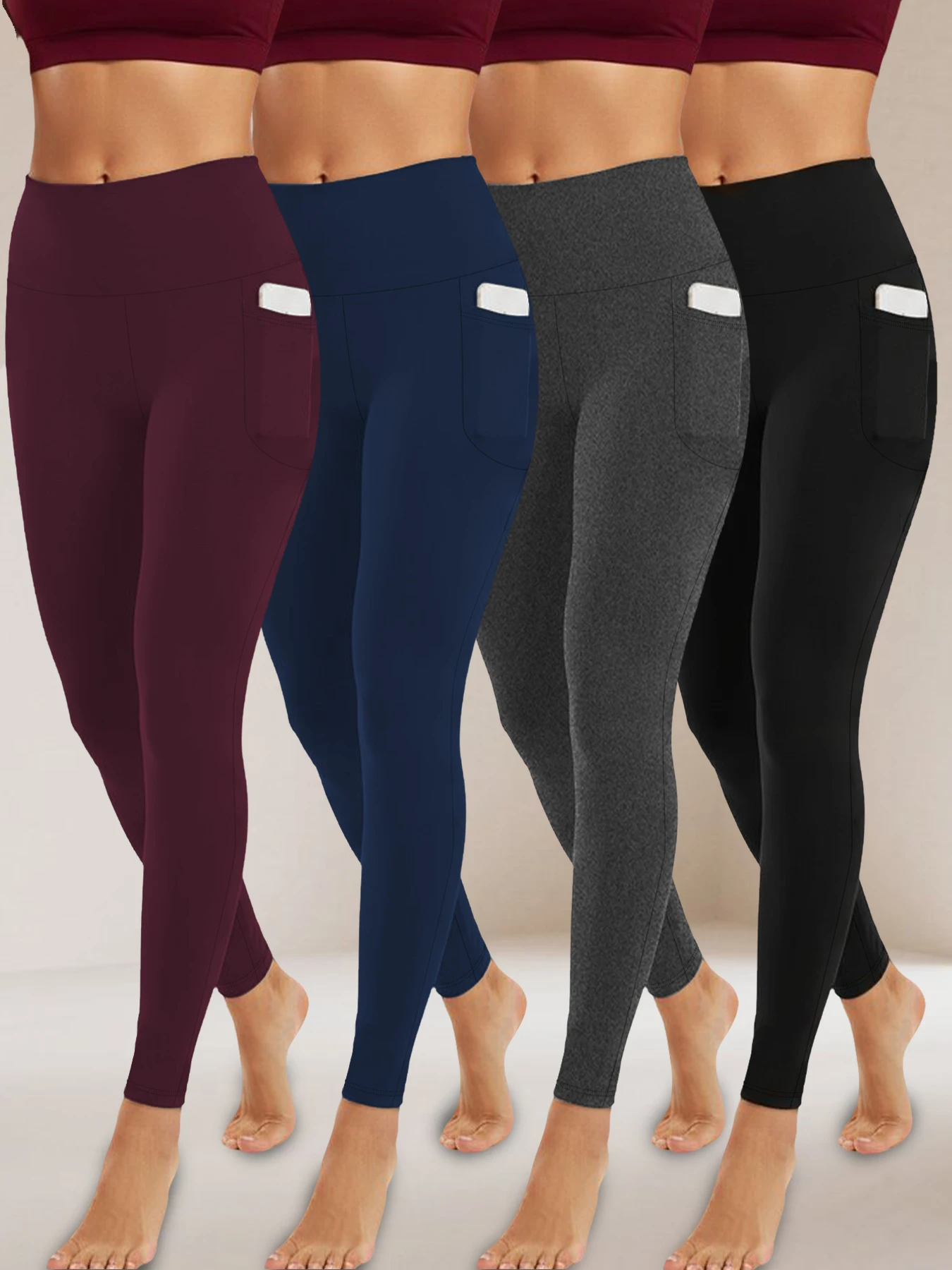 

4 Pack Super Soft Sports Leggings With Pockets For Women, High Waisted Tummy Control Workout Yoga Running Tight Pants.