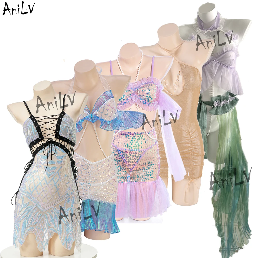 Anilv neue Frauen Meerjungfrau Serie Uniform Cosplay Karneval Pool Party Meer Prinzessin Blings glänzende Schuppen Kleid Outfits Set Kostüme