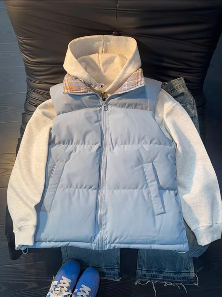 

Cleanfit Blue Plaid Patchwork Cotton Vest Men's Sle Autumn Winter American Retro Stand Collar Svel Cotton Jaet