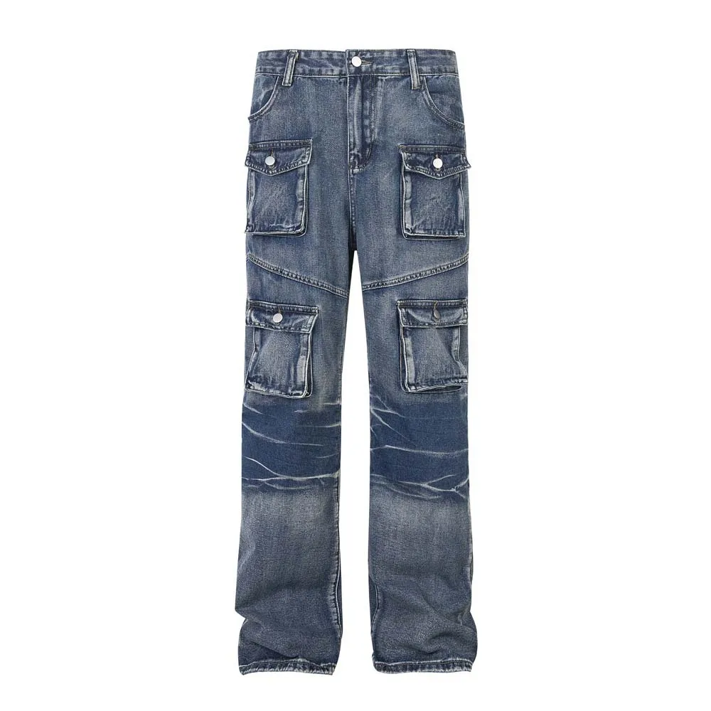 

Модные джинсы-карго в уличном стиле с карманами, свободного кроя, рабочие джинсовые брюки, винтажные, с эффектом потертости, в стиле хип-хоп