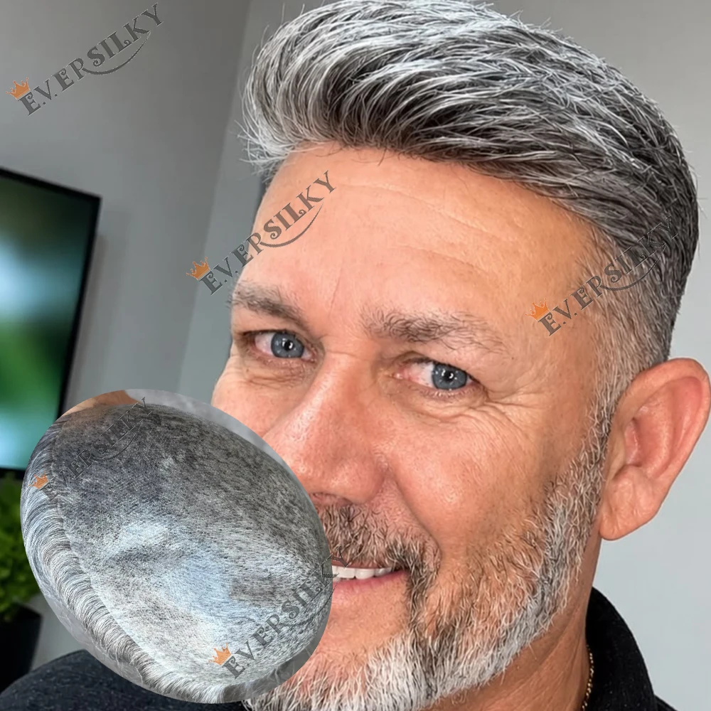 Super langlebige, dünne Spülbodenplatte aus Poly # 1b40 1b50 1b80 Weiß Grau Schwarz Altes Männliches Haarprothesen Natürlicher Haaransatz Braunes Herren-Toupet – Detail 1