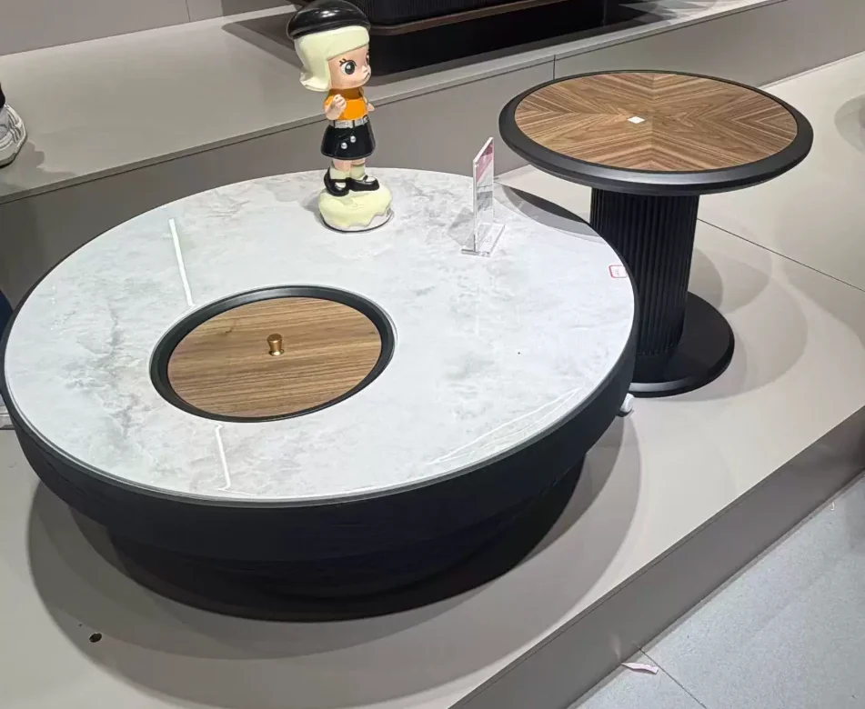 

#Italian Modern Minimalist Living Room Combination Tea Table Set Round Microlite Microcrystalline Stone Black Petal Side