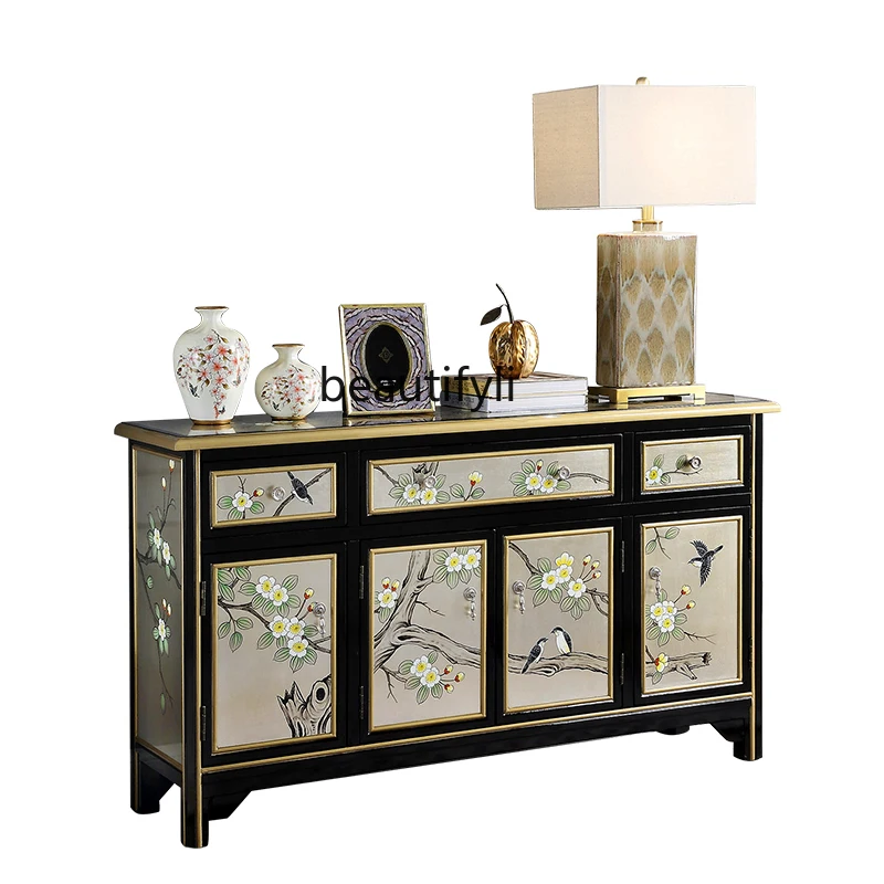 

New Chinese Style Entrance Cabinet Solid Wood Sideboard American Painted Entrance Hall Partition Storage Curio Cabinet