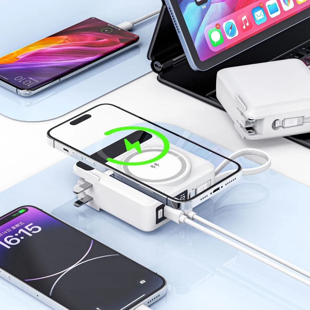 Power Bank Nirkabel Magnetik 5in1 15W Pengisian Cepat 22.5W untuk iPhone 16 Samsung Xiaomi Charger Dinding dengan Kabel Colokan AC Powerbank