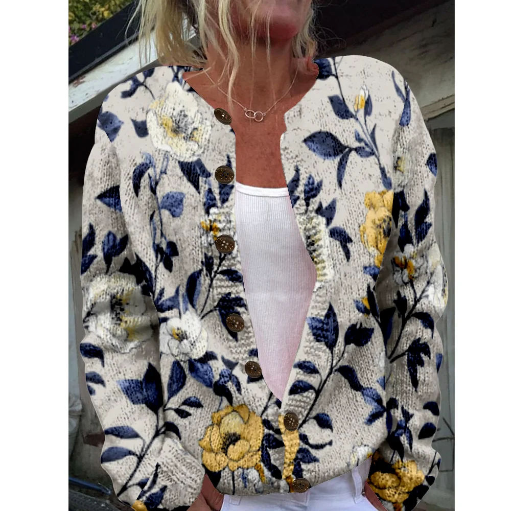 

Осень-зима вязаный кардиган с цветочным принтом, уличная одежда, женские свитера, крутой вязаный топ, повседневные джемперы, модные