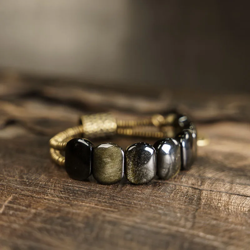 Natrual Golden Obsidian Stone Brass Bracelet Ebony Metal Two Row Beaded Male Female Romantic Peace Unisex Yoga Couple Jewelry