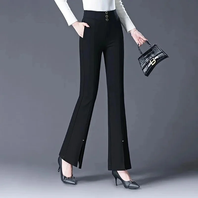 2024 Spring Summer Women's Front split Micro Flared Pants Self Cultivation Ladies Pants Versatile Elastic Waist Femme Trousers