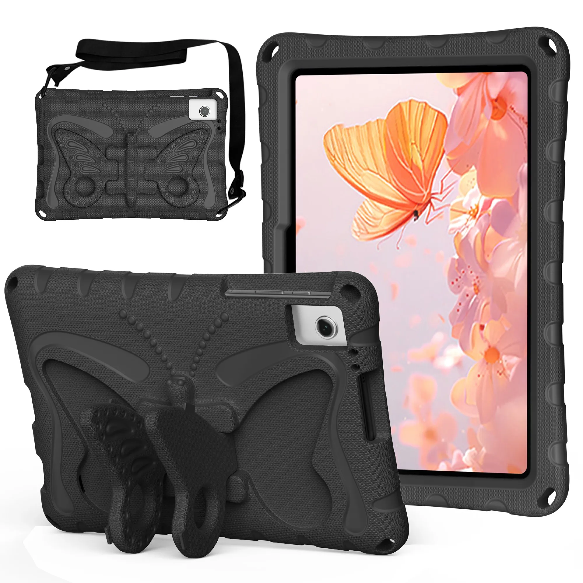 For T-Mobile REVVL Tab 2 (2025) / TCL Tab 10L LTE Gen3 Case Butterfly Kickstand EVA Tablet Cover with Shoulder Strap - Black