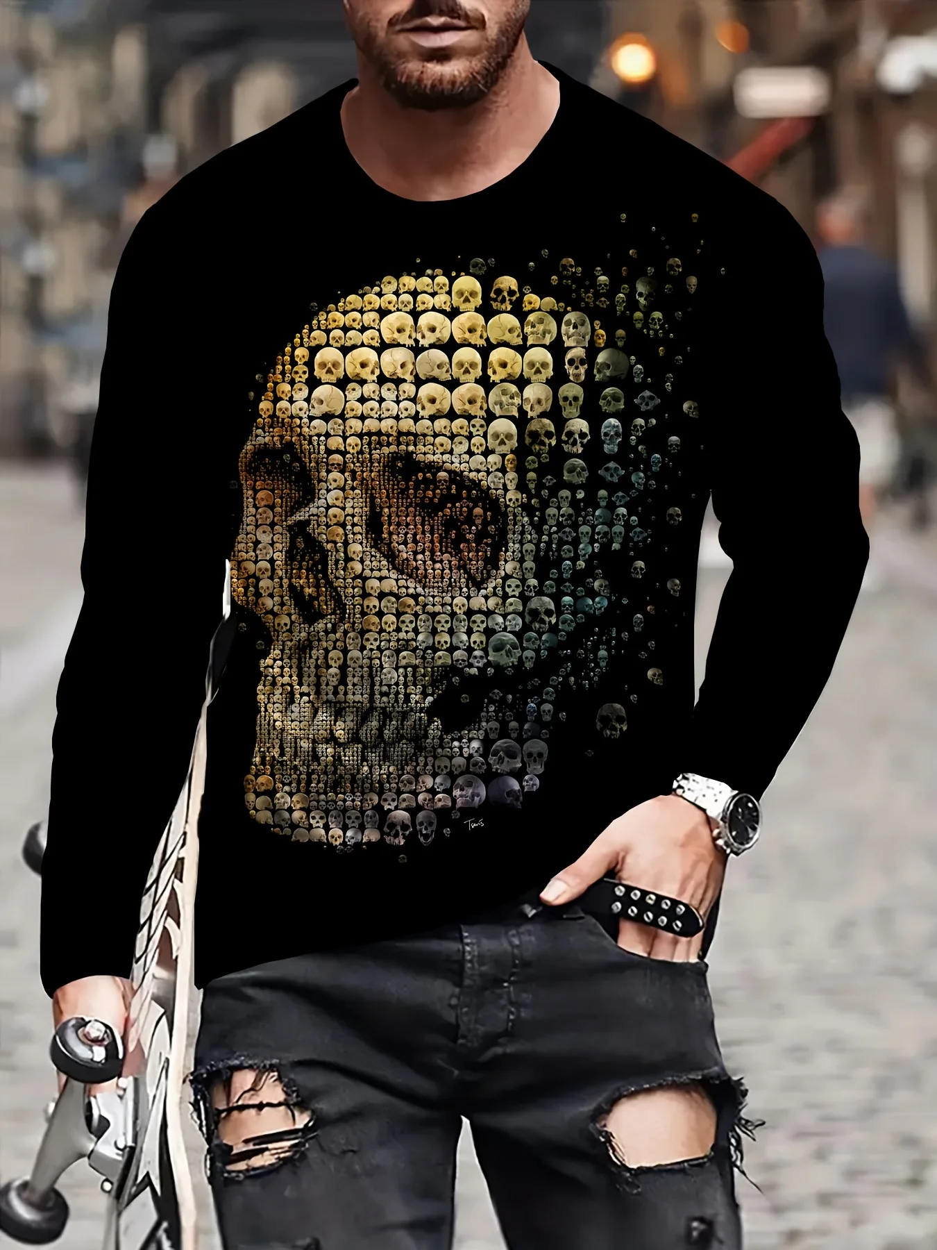 

Men's Rhinestone Decor Skull Pattern 3D Printed Long Sleeve T-shirt Casual Breathable Quick Dry Sports Top Autumn Loose Pullover