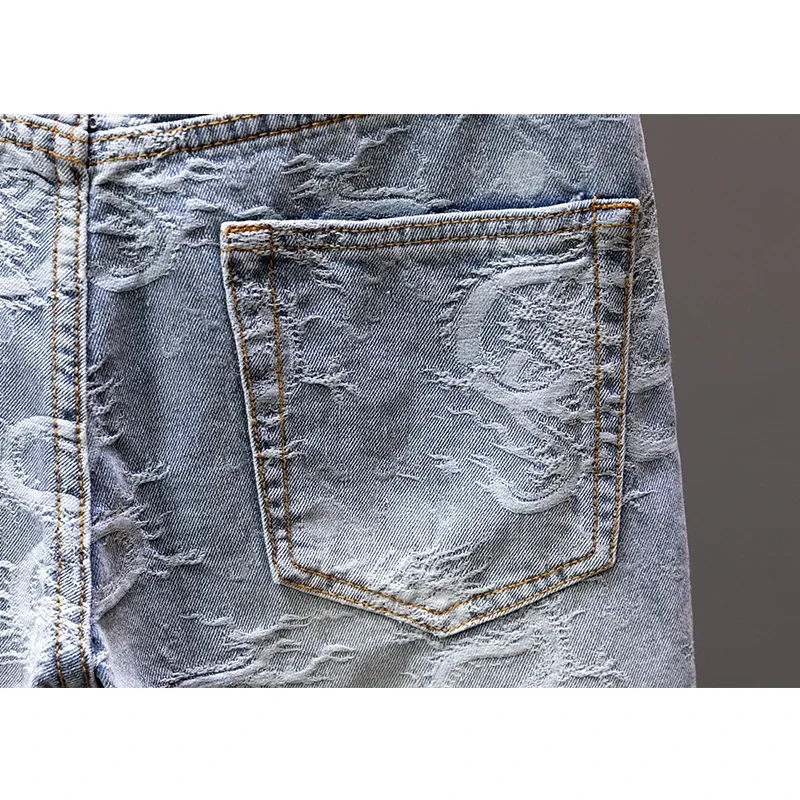 2024 Summer New Personality Dragon Print Stylish Straight Blue Denim Shorts Male Street Style Men\'s Straight Denim Shorts