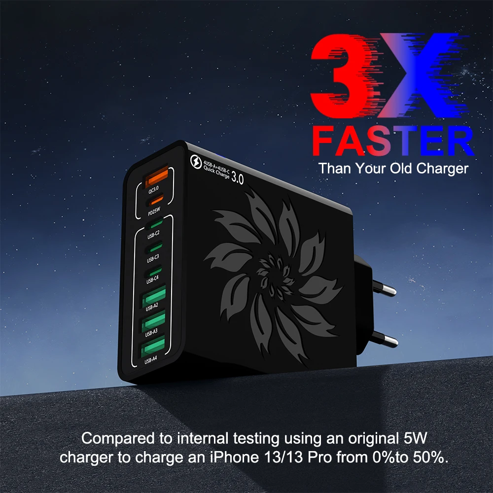 65W USB Charger 8 Ports Type C Fast Charging Wall Adapter Quick Charge PD QC3.0 Travel Charger For iPhone Xiaomi Samsung Oneplus