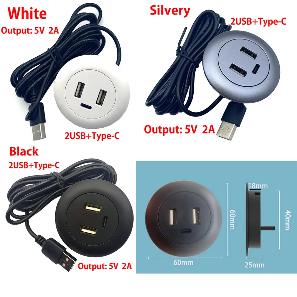 USB+Type-C Multi Port Desktop Embedded Charging Connector 5V 2A/3A For Mobile Phone USB Desk Data Line Splitter Charging Socket