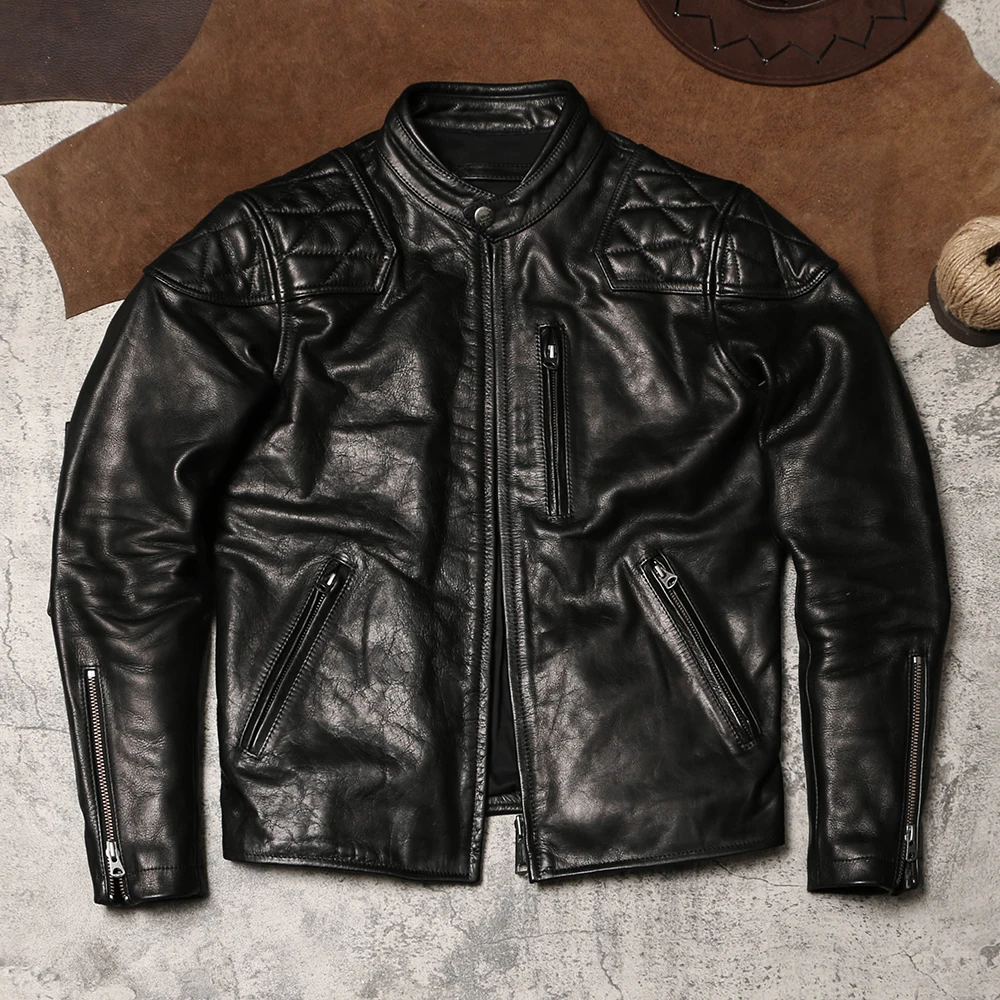 

Heavy Venom Stand Collar Locomotive Slim Fit Leather Jacket Batik Unpainted Top Layer Cowhide Jacket Autumn Winter