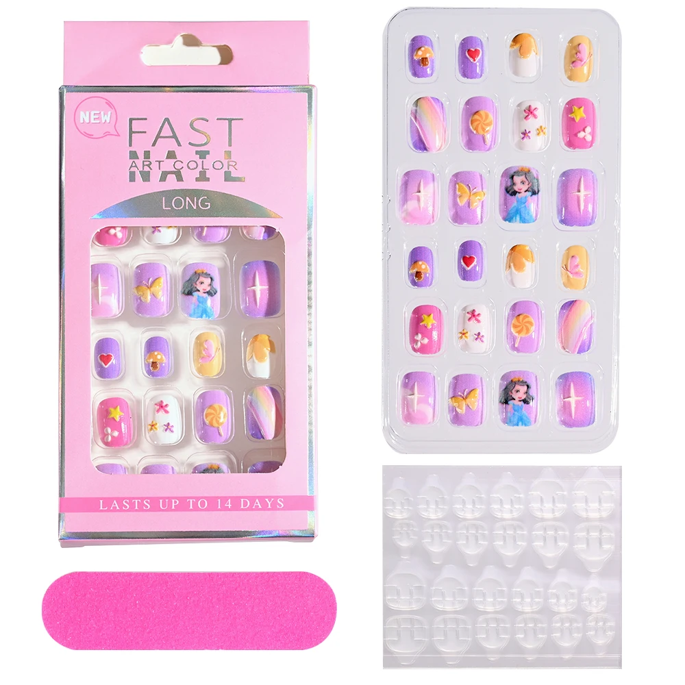 24pc/box Kids False Nails Press On Full Cover Adhesive Fake Nail Tips 5D Cartoon Design Candy Color Manicure Children Fake Nails