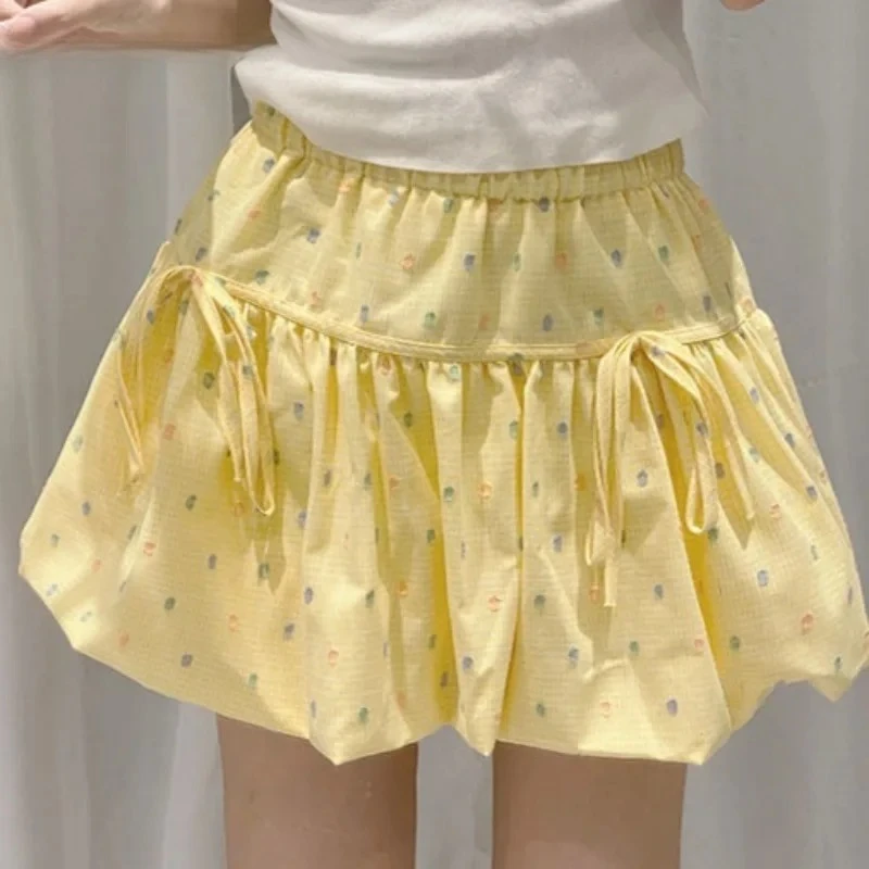 Y2k Vintage 90s High Waisted Short Skirts Summer Elastic Slimming Anti Glare Puffy Skirt Colorful Polka Dot Floral Kawaii Skirt