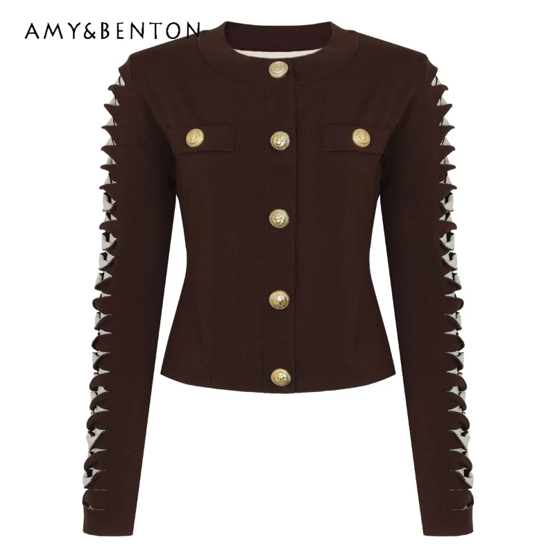 

2026 Spring Autumn New Fashion Color-Block Knit Long-Sleeve Women's Cardigan Original Design Solid Color Elegant Top Coat Ladies