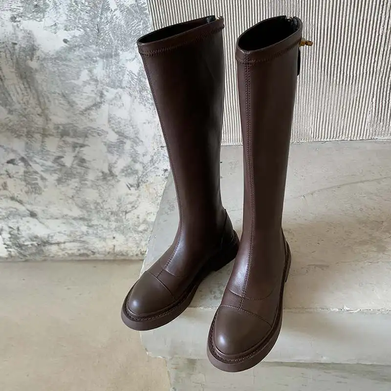 Krazing Pot Genuine Leather Round Toe Stretch Riding Boots Metal Buckle Zip Warm Winter Classics Street Wear Ins Knee-high Boots