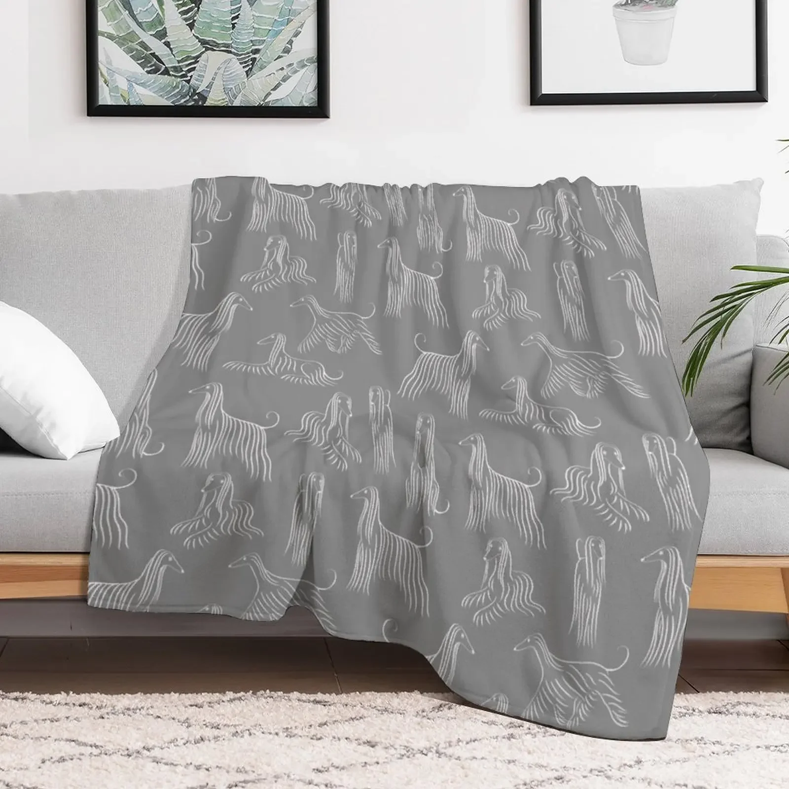 Afghan Hound Pattern on Grey Background Throw Blanket Stylish Couch Blanket for Home Living Room