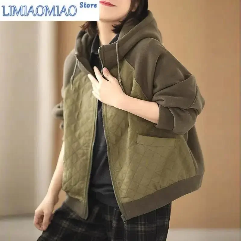 Spring Autumn Women Hooded Sweatershirt Short Cardigan Female Literature Art Casual Loose Diamond Plaid Panel Jacket Top