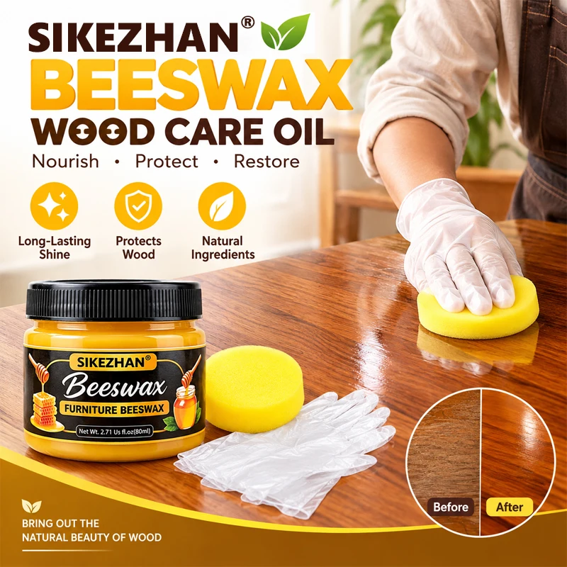 Wood Seasoning Beeswax Furniture Polish Cleaner with Applicator Sponge Gloves for Wooden Floor Table Restoration 80ml - SIKEZHAN