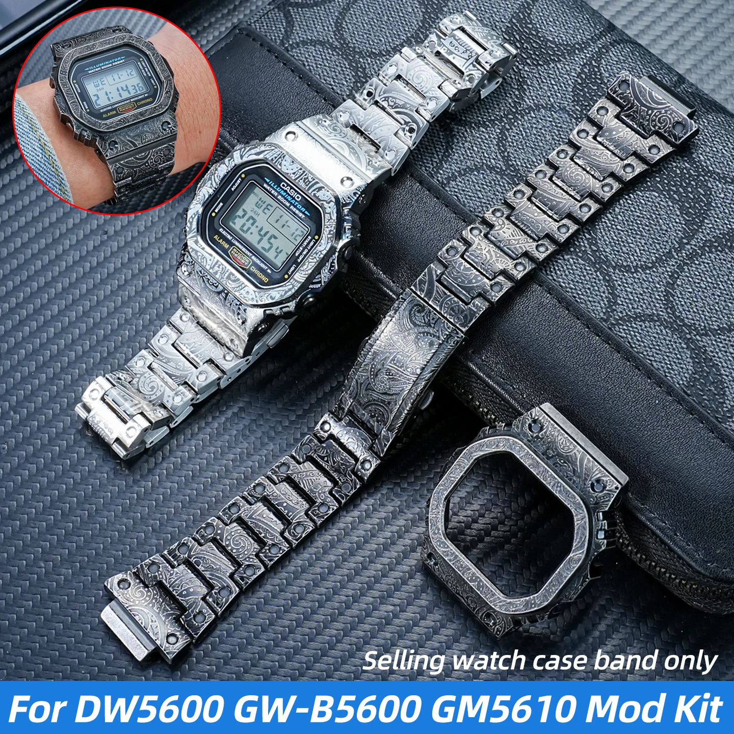 DW5600 Vintage Engrave Mod kit  For Casio GWM-B5000 5600 5610 series Modified Stainless Steel Watch Case+Strap Accessories tools