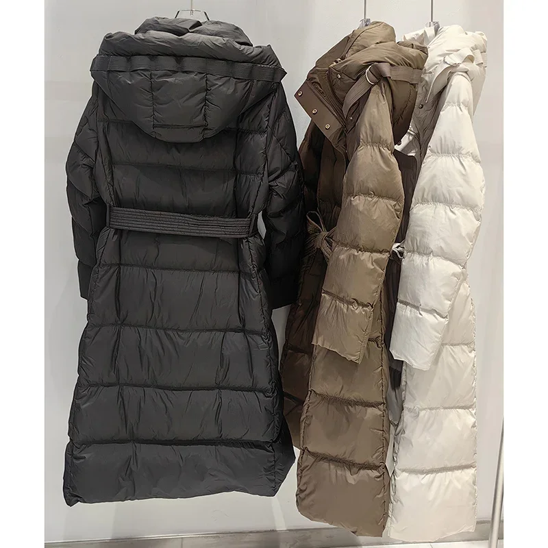 Schinteon 여성용 화이트 덕 다운 롱 재킷, 따뜻한 오피스 레이디 슬림 아웃웨어, 후드 벨트 포함, 심플 스타일, 가을, 겨울, 2024 신상