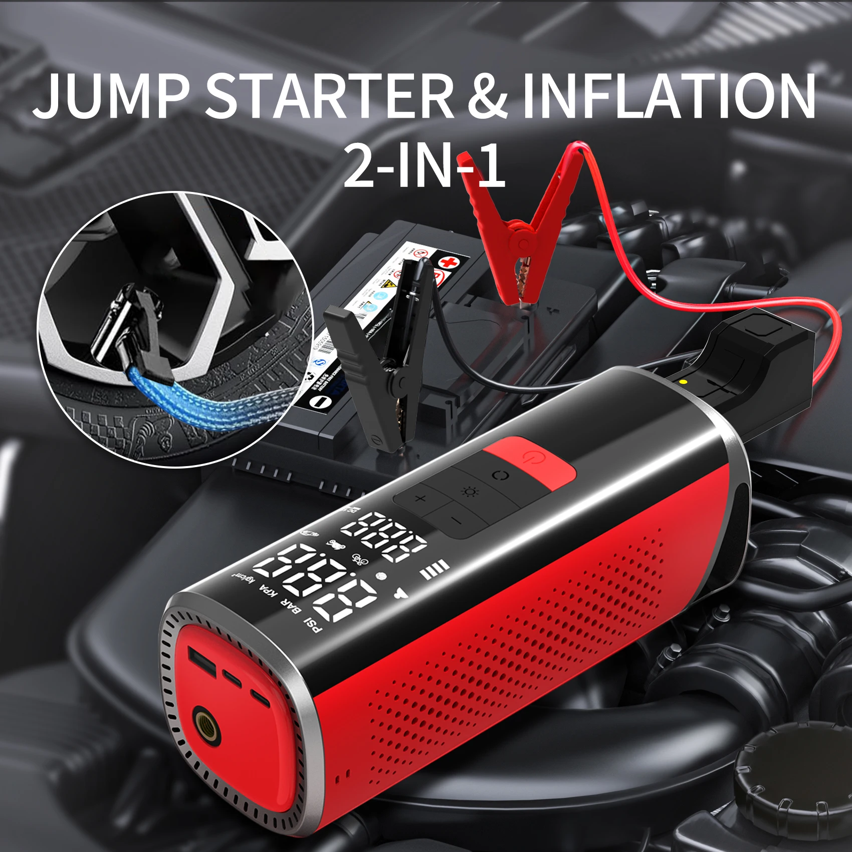 8000mAh Wireless Tire Inflator Portable Air Pump, Digital LED Auto Stop Power Bank for Car Motorcycle Bike Ball Swim Ring