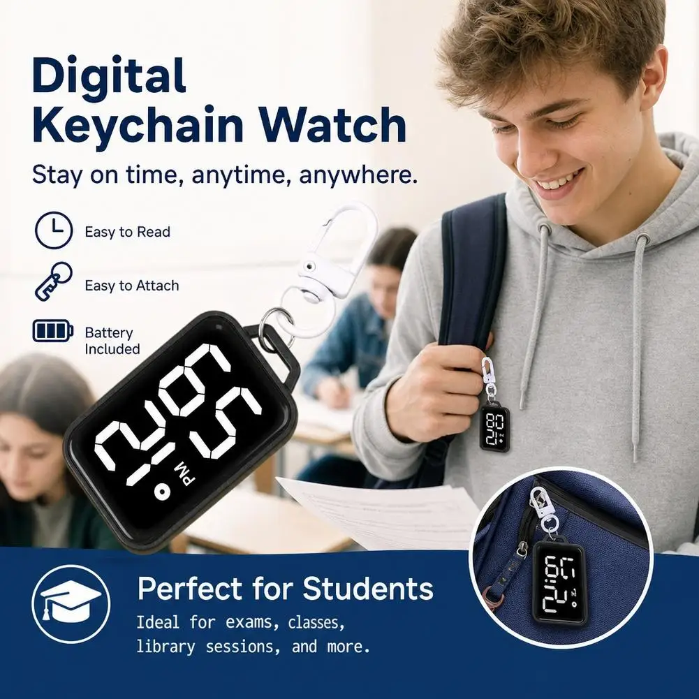 Digital Keychain Watch Temperature Display Portable Mini LED Electronic Clock Backpack Pendant Student Exam Time Check