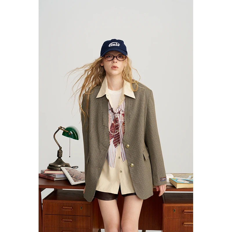 ELFSACK Women's Houndstooth Collarless V-Neck Blazer with Preppy Button, Loose Casual Jacket for Daily Work