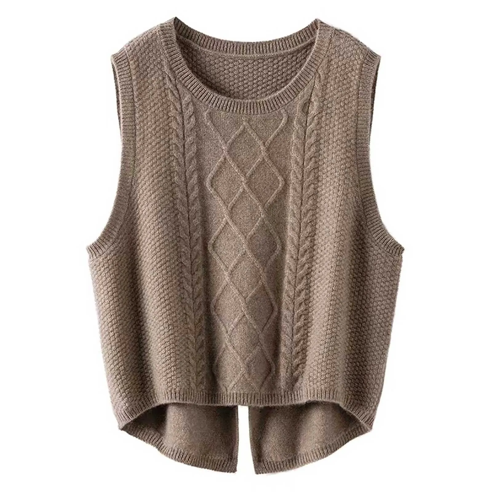 New Women\'s 100% Pure Wool Round Neck Vest Chic Tuxedo Vest Autumn And Winter Sleeveless Vest Loose Short Split Knit Sweater