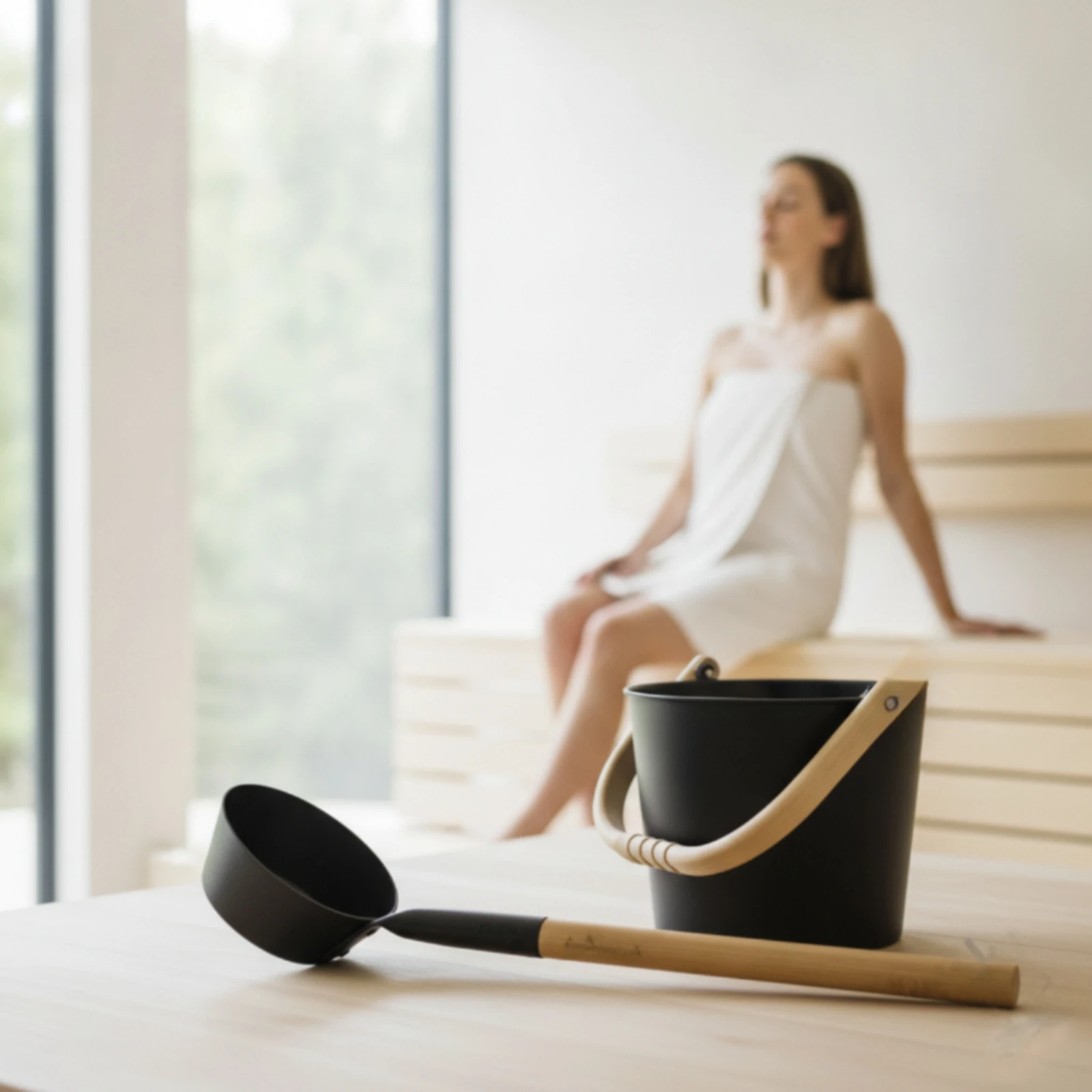 Sauna Pail with Ladle Matte Black Cubeta Cazo Compact Recipiente Ergonómico for Homeowners, Spa, Steam Room
