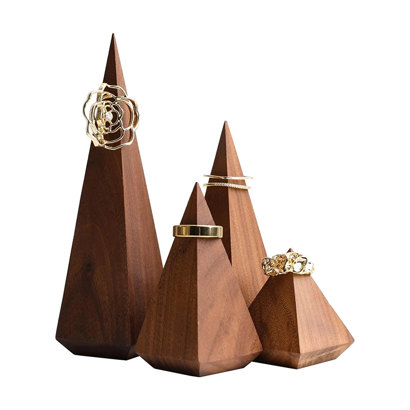 

YOYAI Vintage olid Black Walnut Ring Cone Display Stand Stackable Luxury Pyramid Ring Holder Wedding Jewelry Store Counter Top