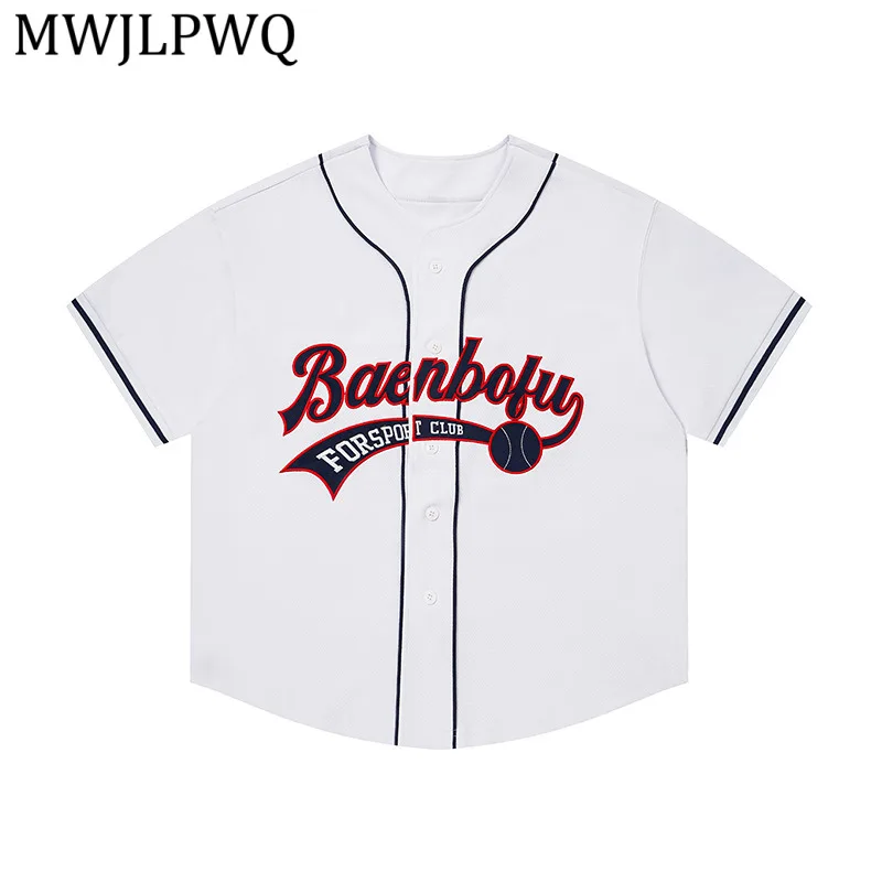 

MWJLPWQ American Vintage Baseball Embroidered Shirt Short-Sleeve Unisex Trendy Hip-Hop Round-Neck Cardigan Tops For Men 16000