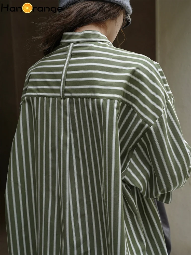 HanOrange 2024 Spring Minimalist Texture Collarless Striped Shirt Women Pure Cotton Loose Comfortable Top Apricot/Green