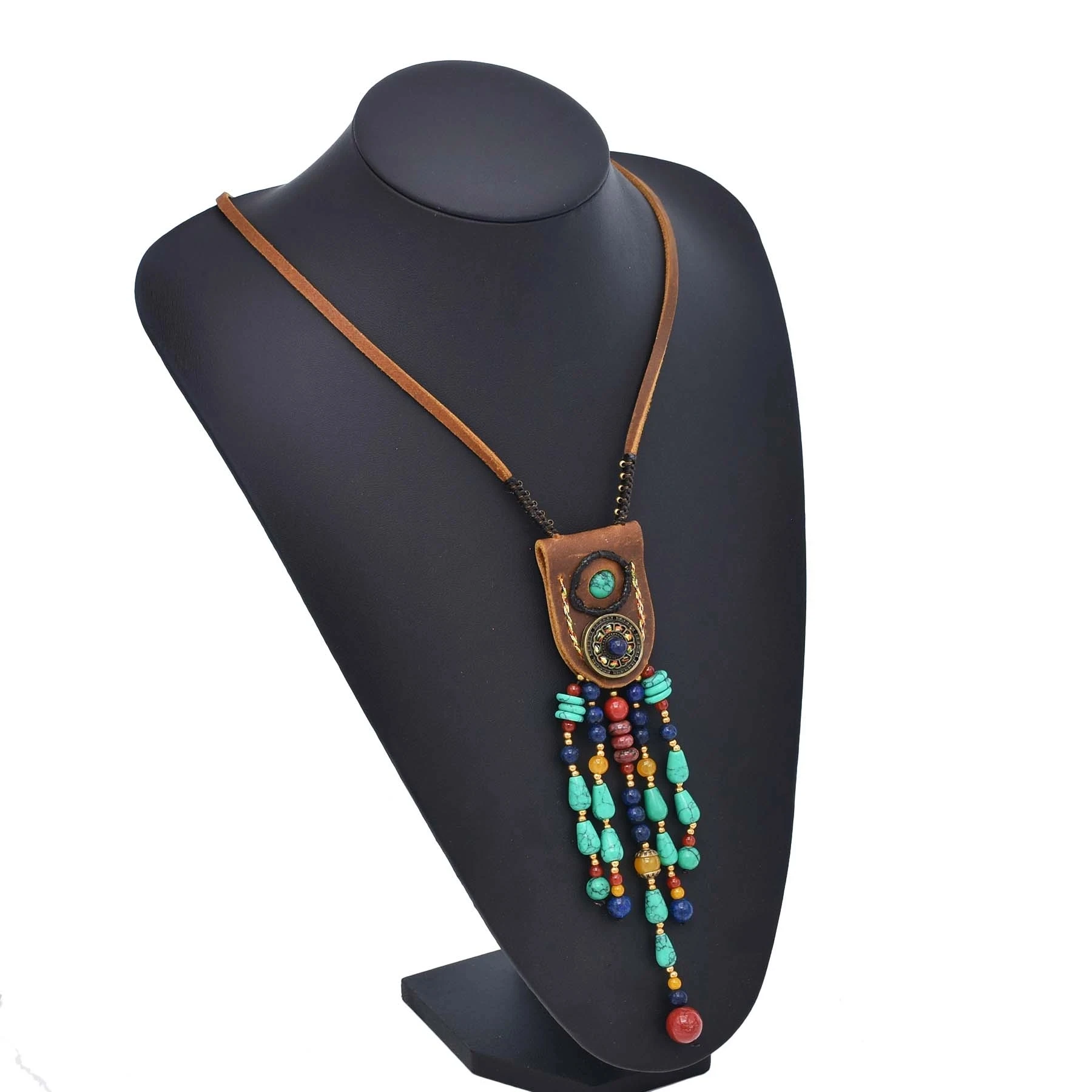 Tibetan Ethnic Leather Turquoise Pendant Necklace Bohemian Traditional Alloy Leaves Tassel Vintage Clothing Choker Jewelry