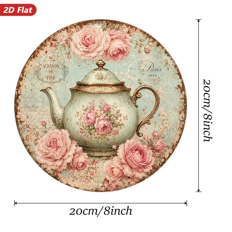 CIFBUY Vintage Distressed Round Metal Wall Art Pink Rose Teapot Sign Durable Weatherproof Decor for Living Room Bedroom Dining R
