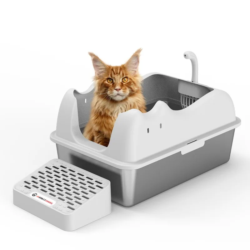 

Stainless Steel Cat Sandbox Anti Splash Large Semi Enclosed Pet Bedpans Odor Control Kitten Toilet with Shovel Metal Cat Toilets