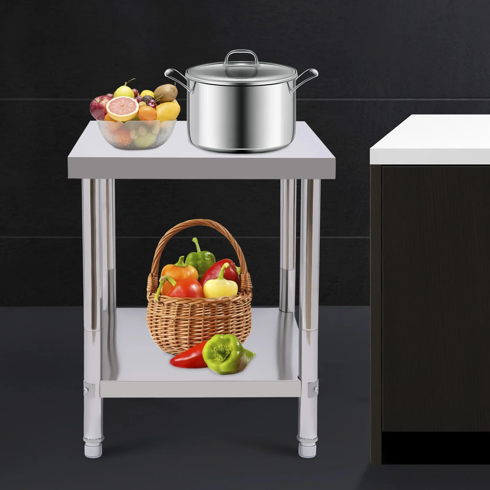 BYMAOCAR Arbeitstisch, 60 x 45 x 80 cm, Edelstahltisch, 2 Regale für Restaurant, Hotel, Küche, 881 Pfund Belastung