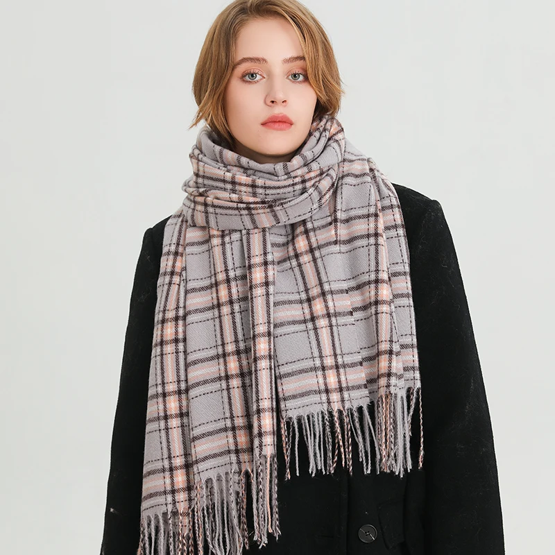 2024 Fashion Winter Thick Pashmina Warm Shawl Wrap Plaid Tassel Blanket Cashmere Like Scarf Women Neckerchief Poncho Stoles