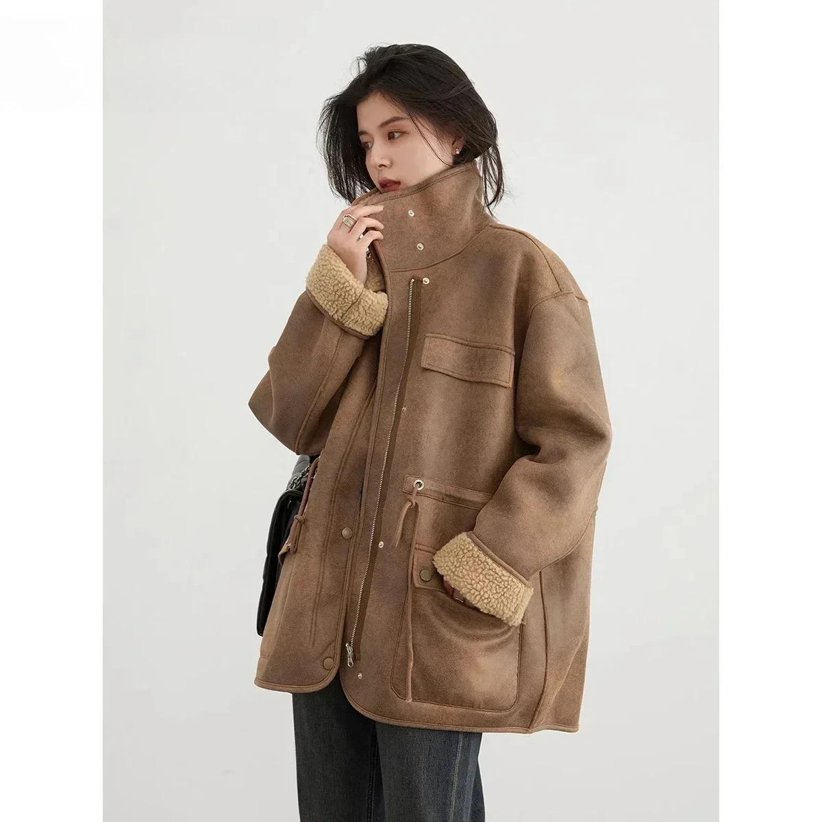 Women's Jackets Thick Warm Solid Suede Reversible Jacket Motorcycle Outer Coat Loose Female Overcoat Winter Autumn