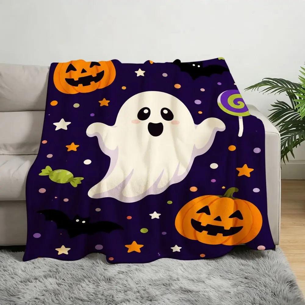 Halloween Fleece Throw Blanket Soft Cozy Dark Purple Bedding Featuring Cute Ghosts Pumpkins Bats and Colorful Candy Patterns Perfect for Sofa Couch Living Room Decor