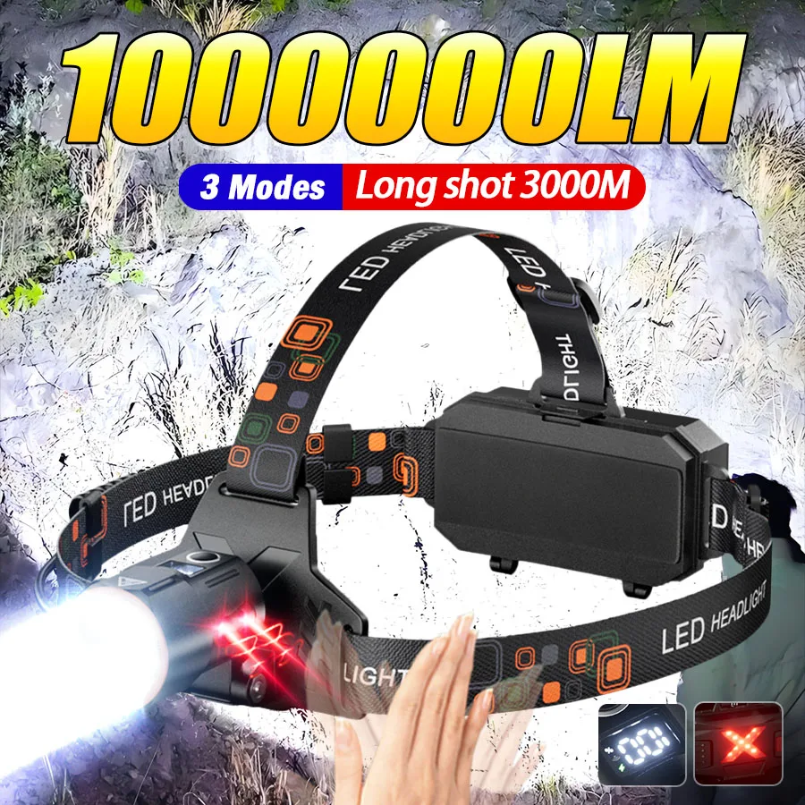100000LM Super Bright Headlamp Powerful Headlights Waterproof Head Flashlights with 3 Modes Outdoor Fishing Camping Head Lantern