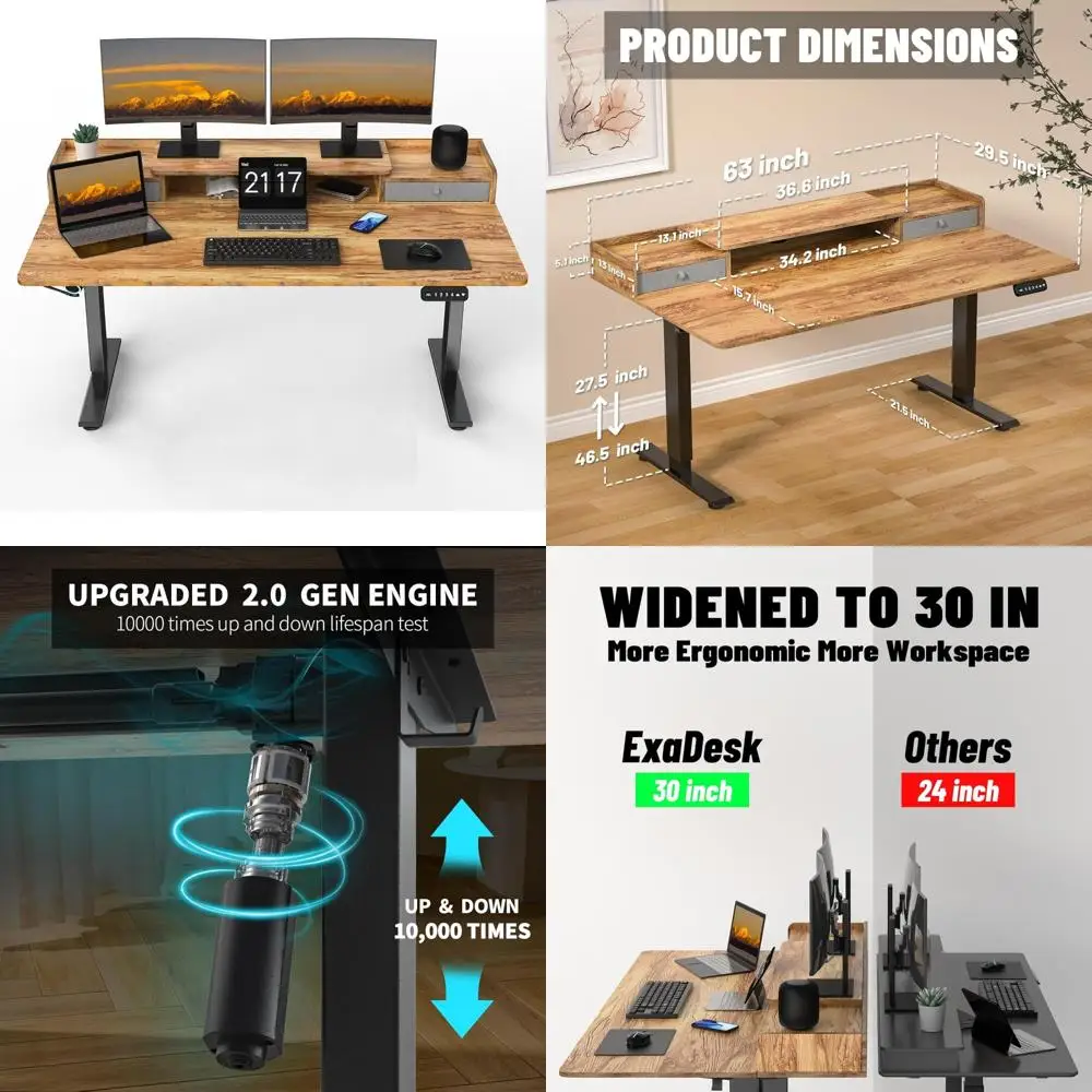 مكتب مريح للجلوس مع ارتفاع قابل للتعديل وتخزين، محطة عمل واسعة 63 × 30 للاستخدام المكتبي المريح