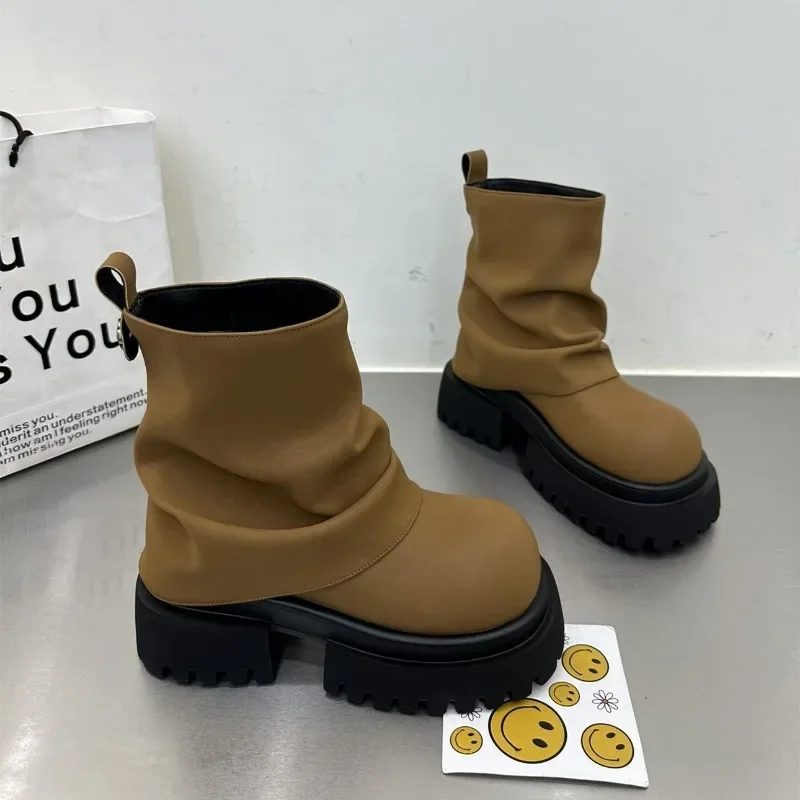 

Women Modern Boots Mid Calf Thick Sole Belt Buckle Square Toe Women's Shoes Side Zipper Square Heel Botas De Invierno Para Mujer