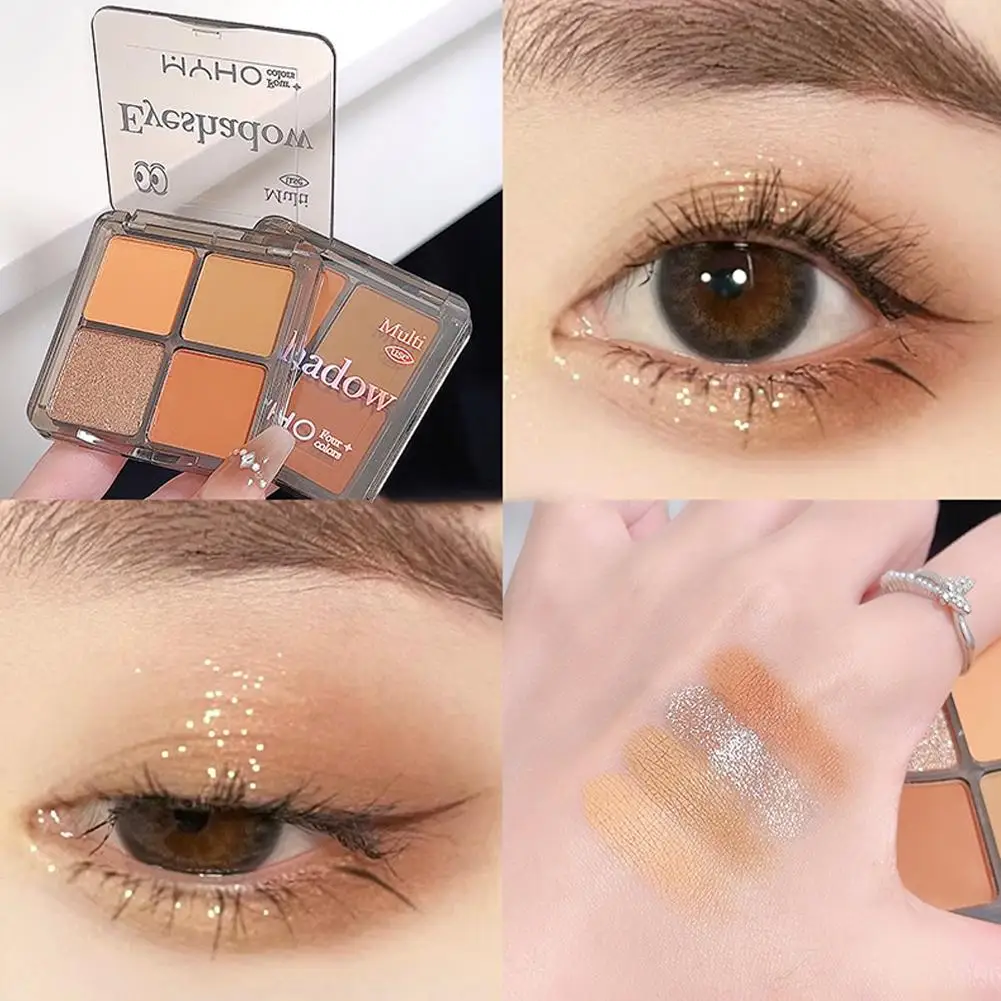 Paleta de sombra de ojos de 4 colores, sombra de ojos mate brillante y brillante para uso diario, tonos tierra, brillo resistente al agua, cosméticos brillantes de gusano de seda