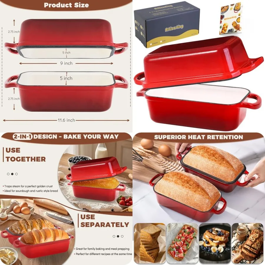 

Cast Iron Bread Loaf Pan with Lid, 2 In 1 Loaf Pans for Baking Bread 9x5, Enameled Bread Pans for Homemade Bread, Sourdough, Ev