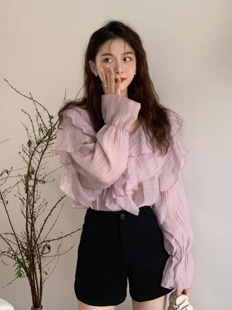 

Spring Faion Women's Long Sve Chiffon irt Thin Design Irregular Lace Hem Layering Top V Ne Lantern Sve Loose Fit